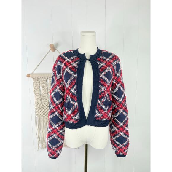 Aerie Chelsea Plaid Cardigan Sweater Jacket Small Shacket Red Navy Blue - Picture 4 of 10